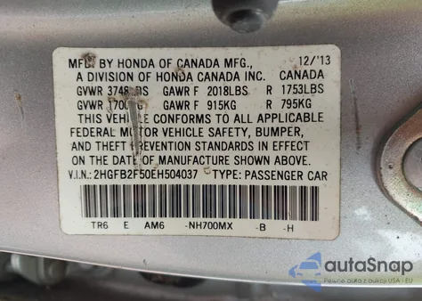 2014 Honda Civic Lx z USA, uszkodzony, nr VIN 2HGFB2F50EH504037